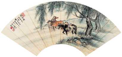 殷梓湘 癸酉（1933年）作 洗马图 扇面